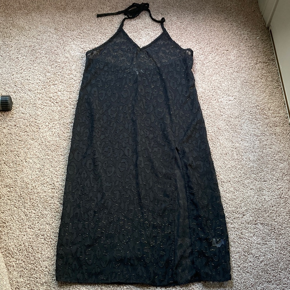 Miken Swim Black and Gold Semi Sheer V-Neck Halter Swim Cover Up Midi Length